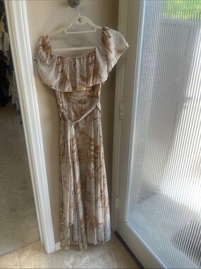 Ivory Botanical Print Off-Shoulder Maxi Dress with Tan Leaf Motif